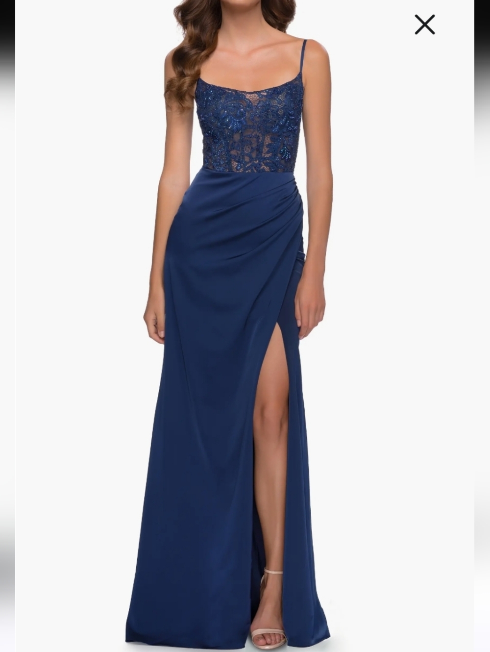 Le Femme Satin Dress with Sheer Lace Bodice and Slit